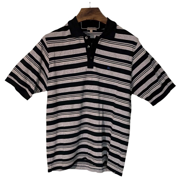 Burberry London Blue Gray Striped Knit Short Sleeve Polo Shirt Preppy Golf XL - Picture 1 of 9
